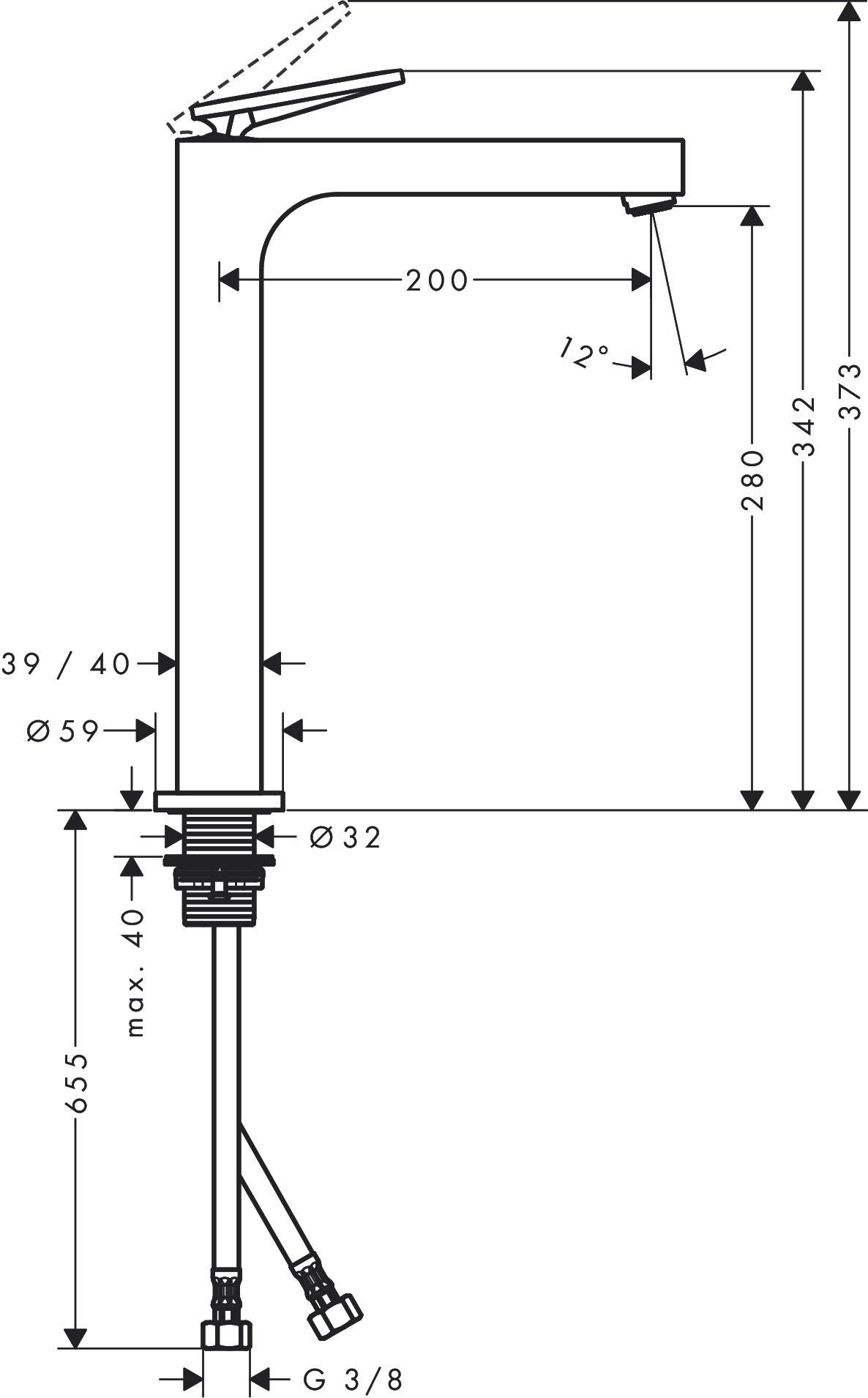 AXOR CITTERIO Yksiote pesuallashana 280, sulkeutumaton pohjaventtiili - rombinen leikkaus, mittakuva