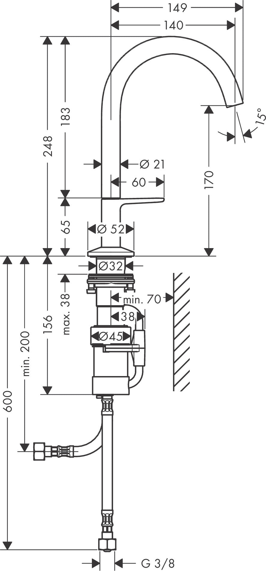 AXOR ONE pesuallashana Select 170, PushOpen-pohjaventtiilillä, mittakuva