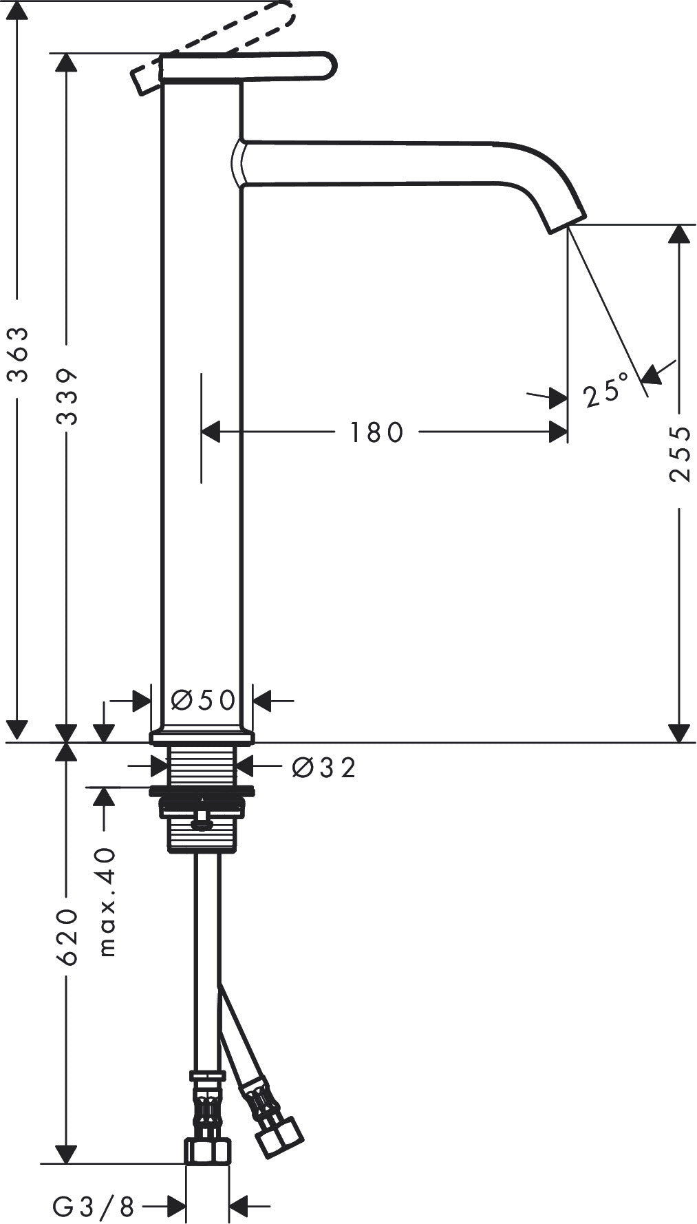 AXOR ONE yksiote pesuallashana 260, sulkeutumaton pohjaventtiili, 4800200, mittakuva
