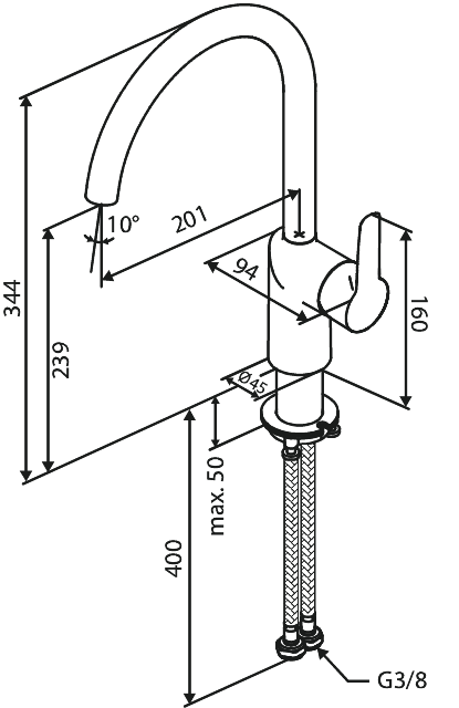 Damixa CORE KEITTIÖHANA, 599543035, kromi, mittakuva