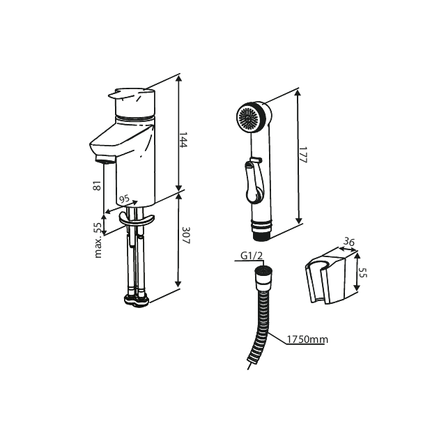 Damixa CORE pesuallashana bideellä mittakuva
