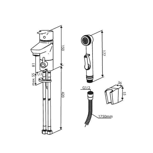 Damixa CORE pesuallashana bidevarustein pesukoneventtiilillä, 590390000, kromi, mittakuva
