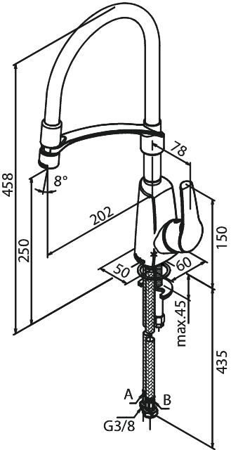 Damixa ROWAN Pro keittiöhana pesukoneventtiilillä, 671580000, kromi, mittakuva