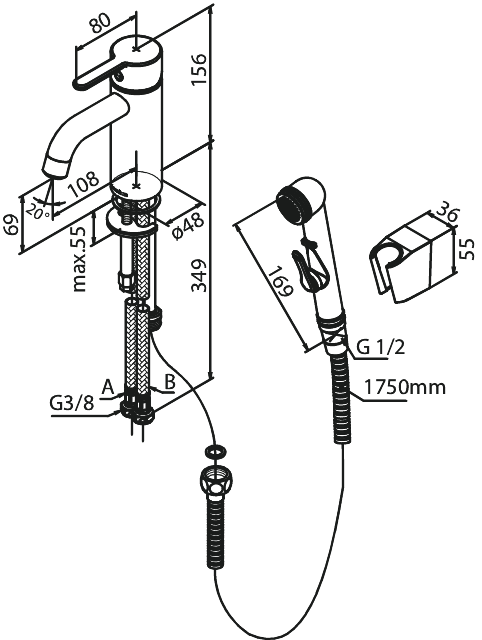 Damixa SILHOUET Pesuallashana bidevarustein, 740305500, harjattu grafiitinharmaa pvd, mittakuva