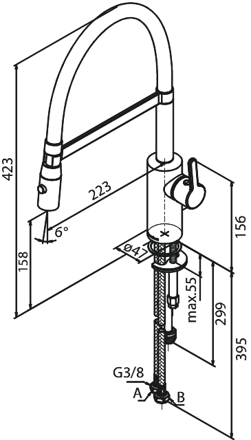 Damixa SILHOUET Pro keittiöhana, 741584600, steel pvd, mittakuva