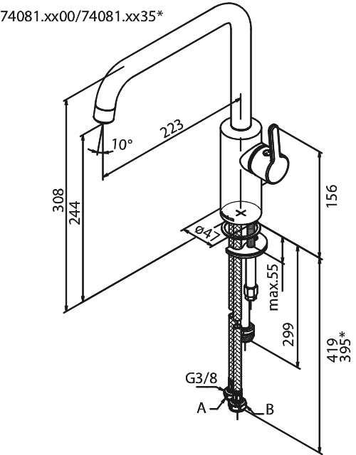 Damixa SILHOUET keittiöhana, 740815535, harjattu grafiitinharmaa pvd, mittakuva