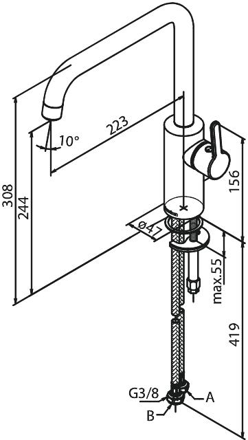 Damixa SILHOUET keittiöhana, 740860000, kromi, mittakuva