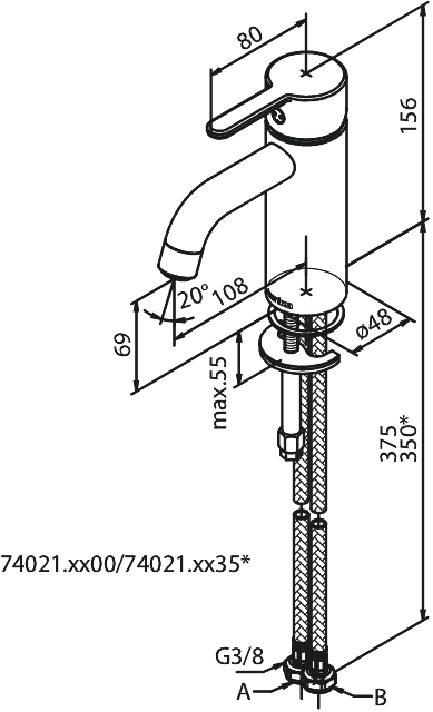 Damixa SILHOUET pesuallashana - Small, 740215535, harjattu grafiitinharmaa pvd, mittakuva