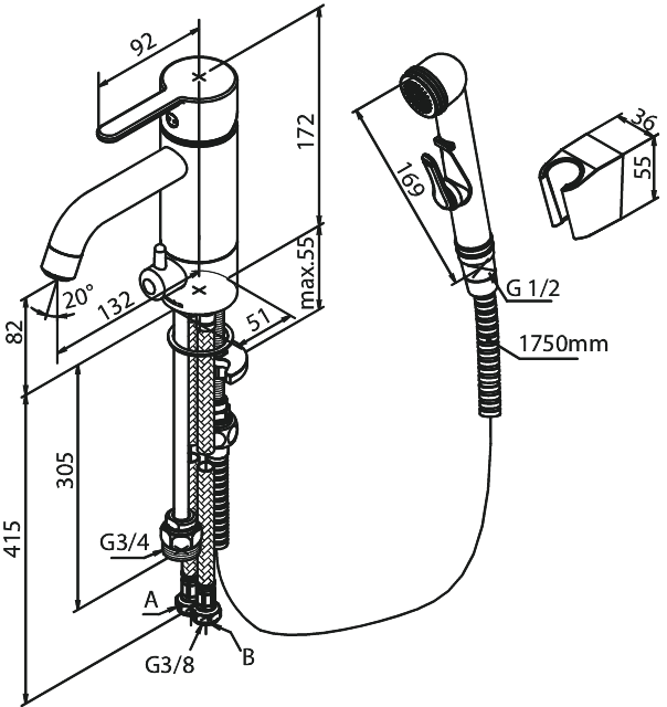 Damixa SILHOUET pesuallashana bidevarustein pesukoneventtiilillä, 740390000, kromi, mittakuva