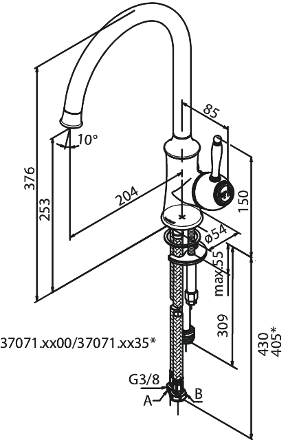 Damixa Tradition keittiöhana pesukoneventtiilillä, 370717700, kirkas messinki pvd, mittakuva
