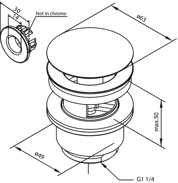 Damixa pohjaventtiili, 238507900, harjattu messinki pvd, mittakuva