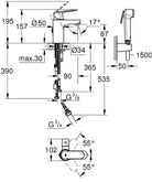 Grohe Eurosmart Cosmopolitan Vipuhana / pesuallashana pesualtaalle pesukoneventtiilillä ja käsisuihkulla, mittakuva