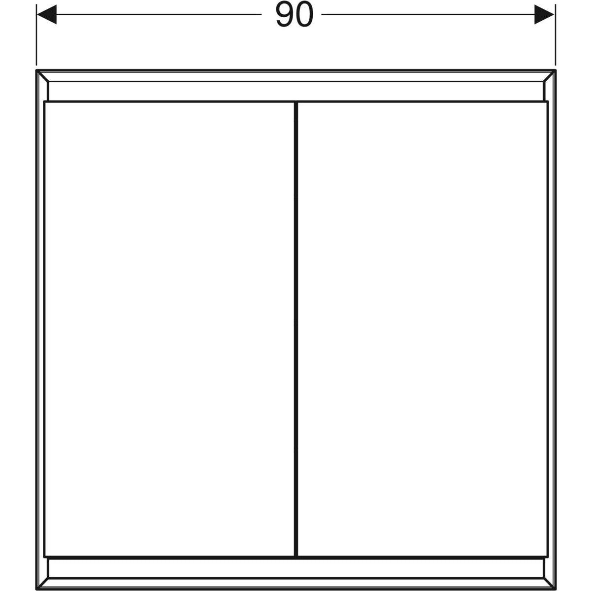 Geberit ONE -peilikaappi ComfortLight-valaistuksella ja kahdella ovella, uppoasennus, korkeus 90 cm, mittakuva