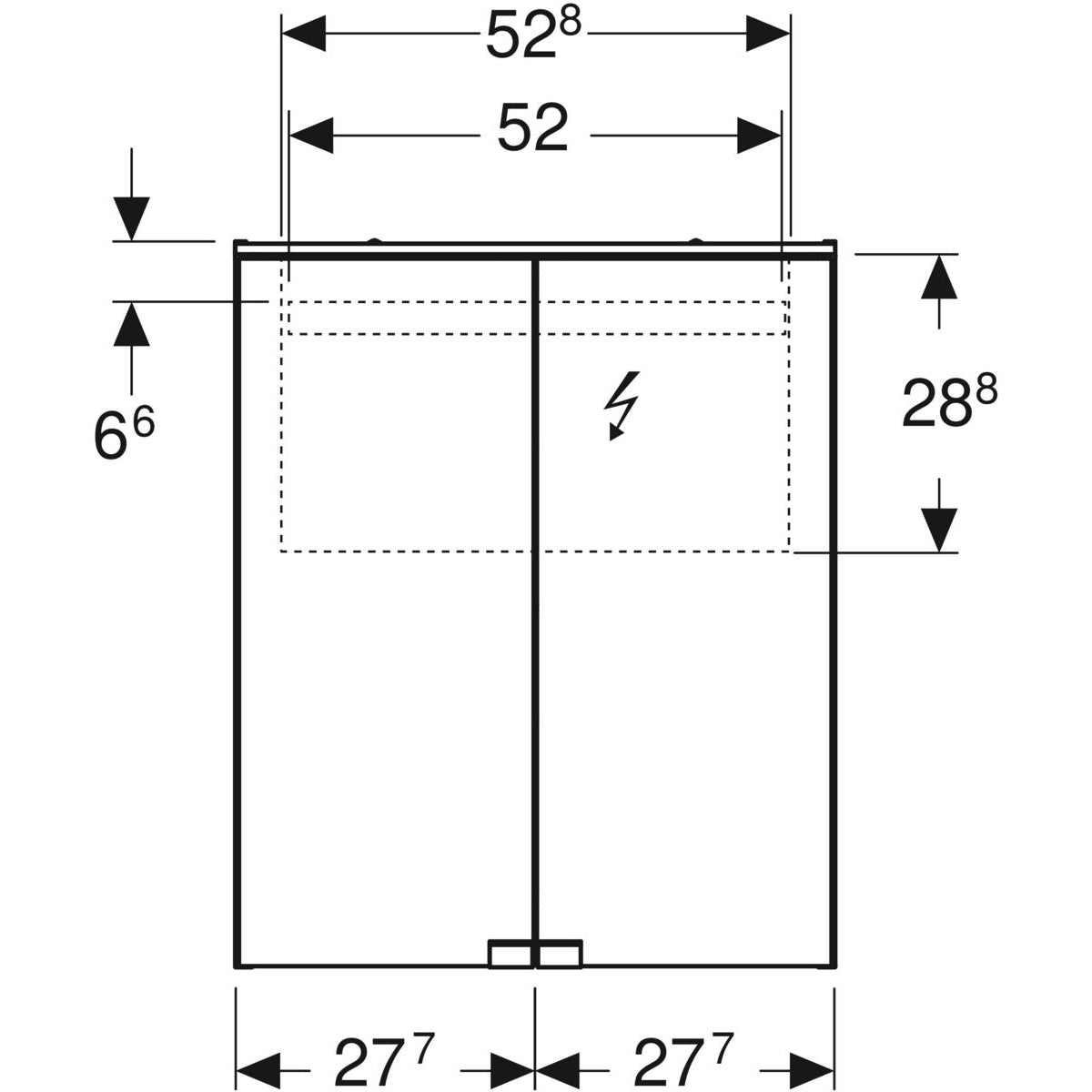 Geberit Option Basic -peilikaappi valaistuksella ja kahdella ovella, 560mm, mittakuva