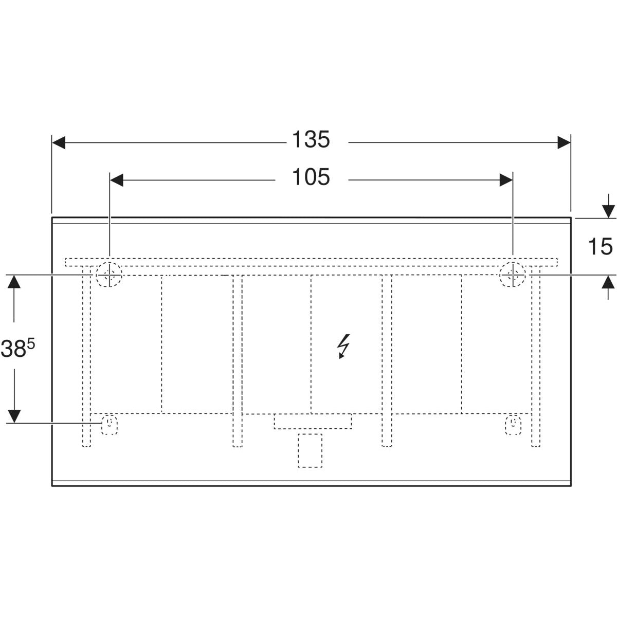 Geberit Option Plus Square -tasopeili 1350x32x700mm, suoralla ja epäsuoralla valaistuksella, mittakuva
