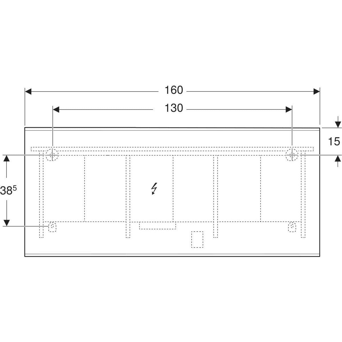 Geberit Option Plus Square -tasopeili 1600x32x700mm, suoralla ja epäsuoralla valaistuksella, mittakuva
