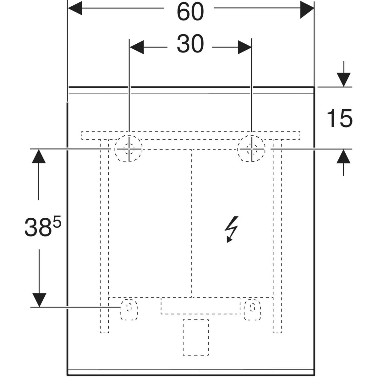 Geberit Option Plus Square -tasopeili 600x32x700mm, suoralla ja epäsuoralla valaistuksella, mittakuva