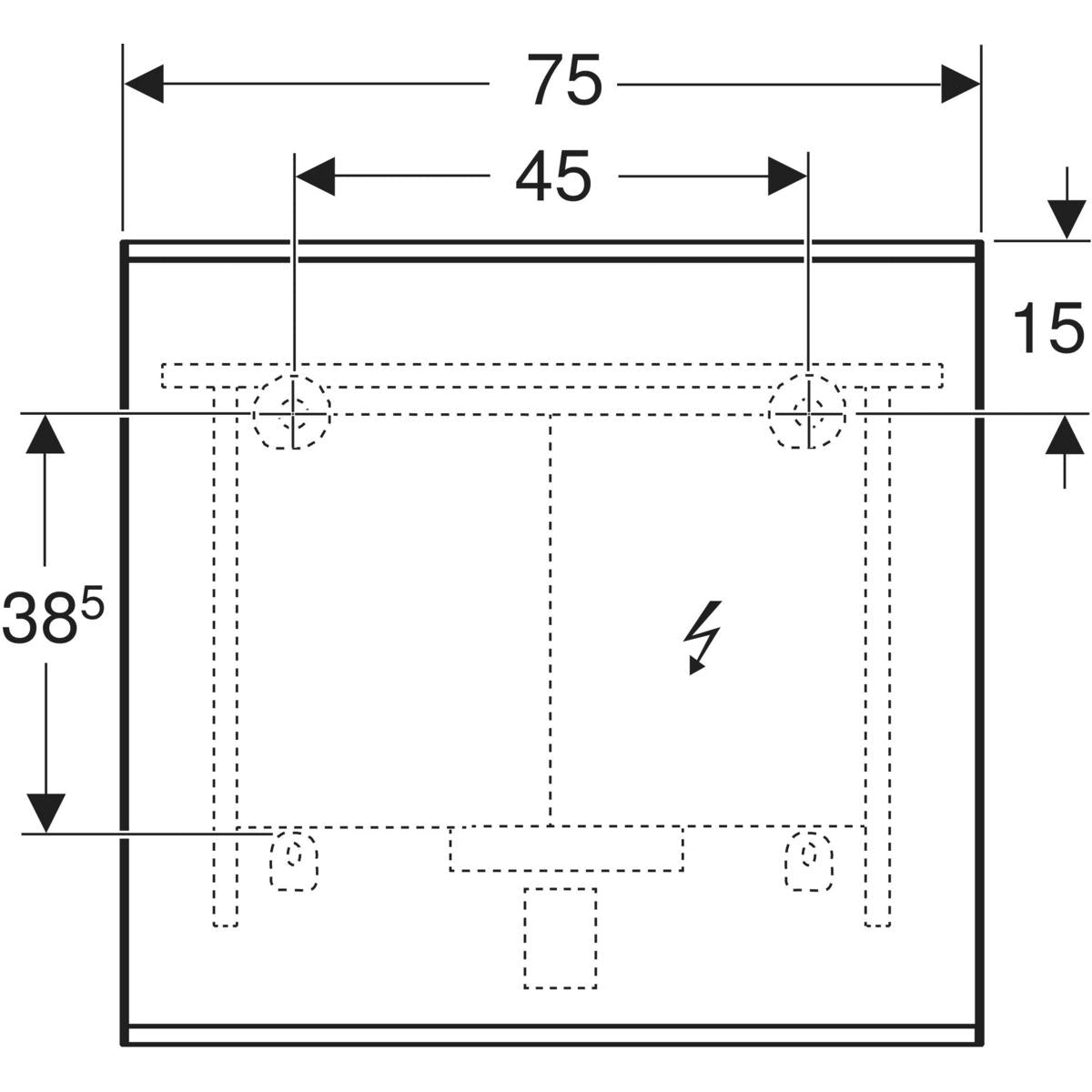 Geberit Option Plus Square -tasopeili 750x32x700mm, suoralla ja epäsuoralla valaistuksella, mittakuva