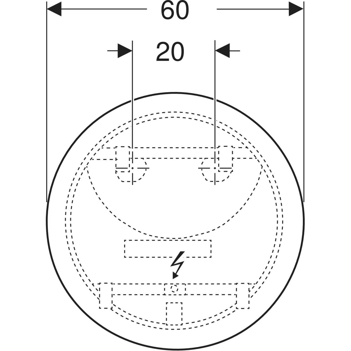 Geberit Option Round -tasopeili 600mm suoralla ja epäsuoralla valaistuksella, mittakuva