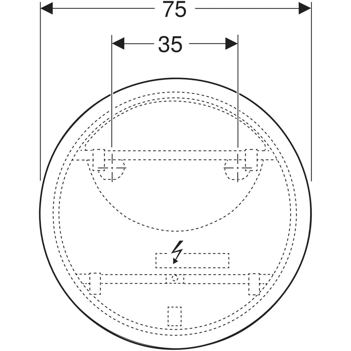 Geberit Option Round -tasopeili 750mm suoralla ja epäsuoralla valaistuksella, mittakuva