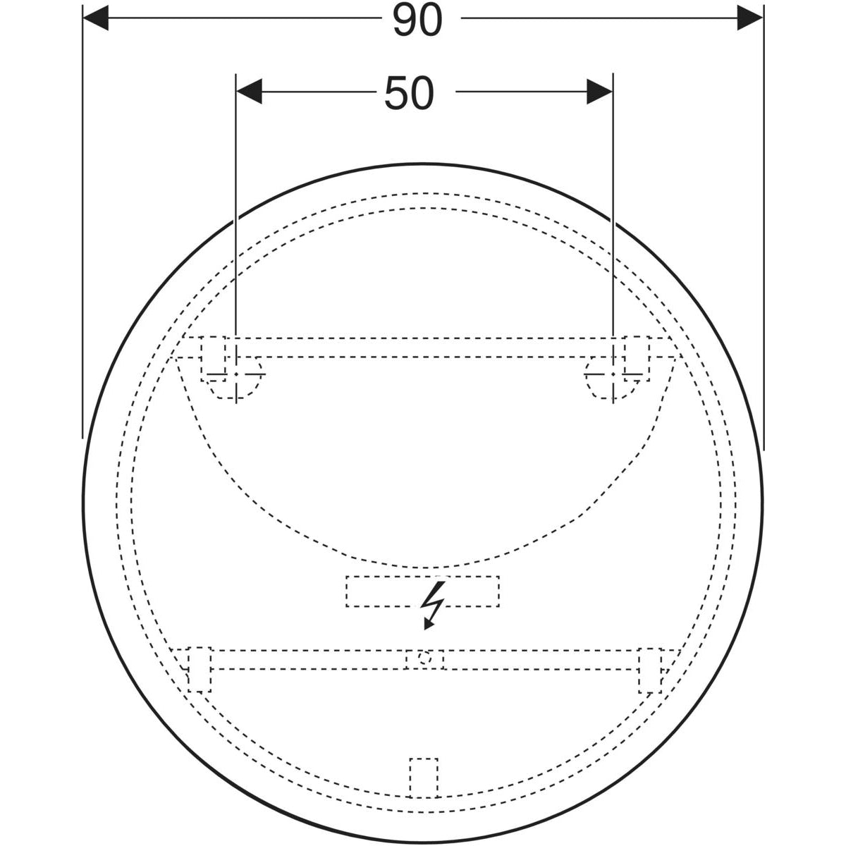 Geberit Option Round -tasopeili 900mm suoralla ja epäsuoralla valaistuksella, mittakuva