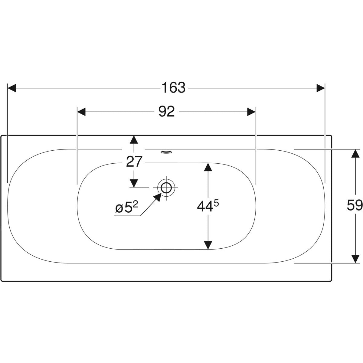 Geberit Soana -suorakulmainen kylpyamme 170cm, mittakuva