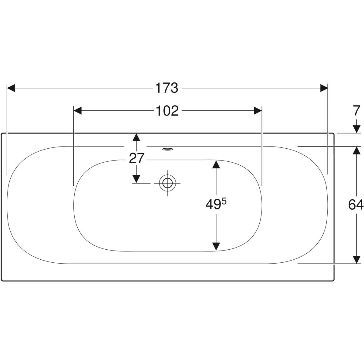 Geberit Soana -suorakulmainen kylpyamme, slim rim, Duo, jaloilla 180cm, mittakuva