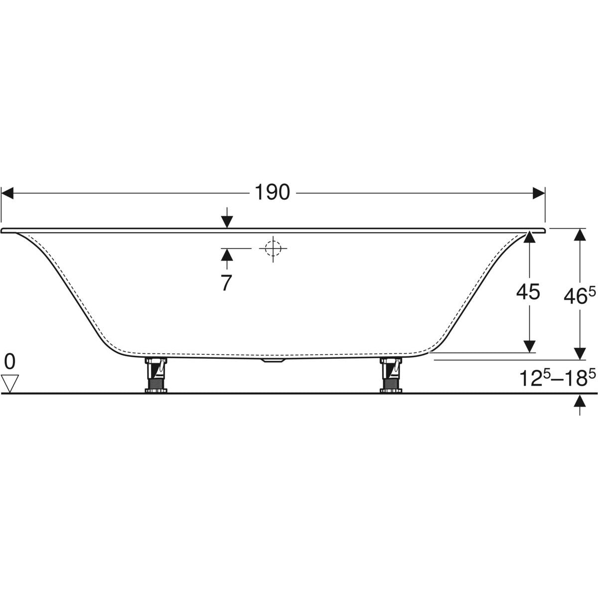 Geberit Soana -suorakulmainen kylpyamme, slim rim, Duo, jaloilla 190cm, mittakuva