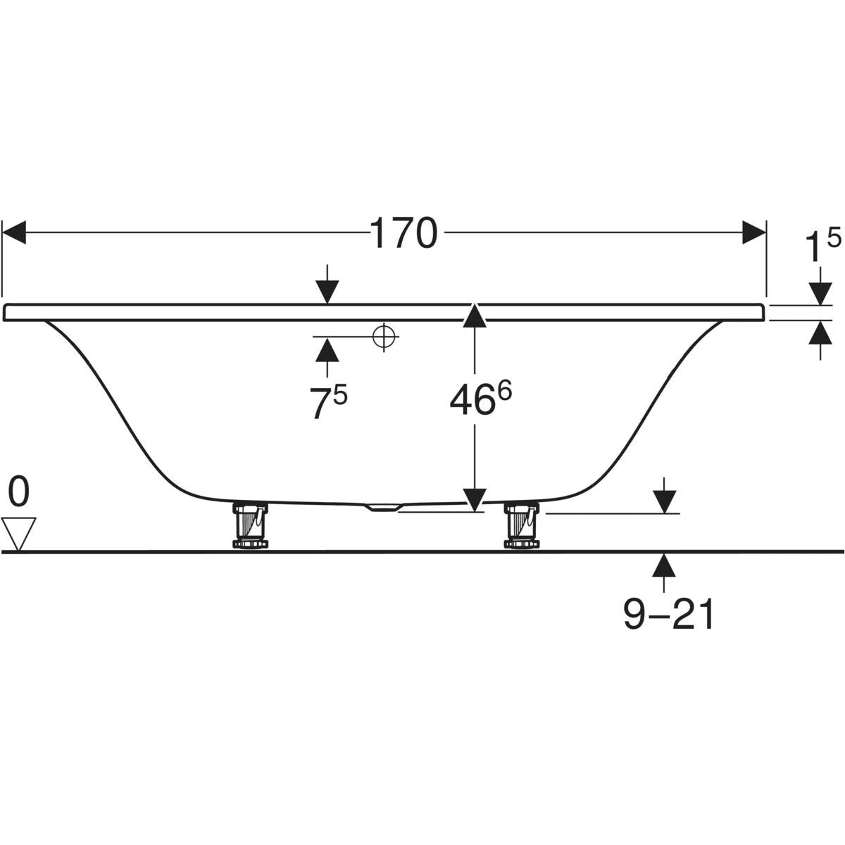 Geberit Tawa -suorakulmainen kylpyamme, slim rim, Duo, jaloilla 170cm, mittakuva