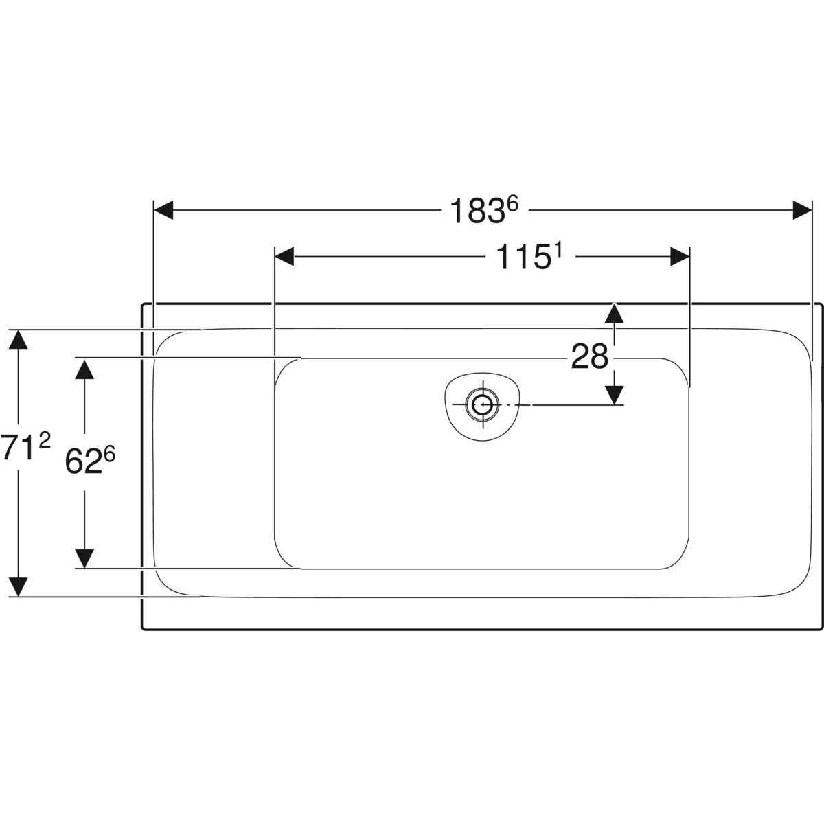 Geberit Tawa -suorakulmainen kylpyamme, slim rim, Duo, jaloilla, 190cm, mittakuva