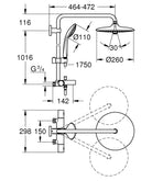 Grohe Euphoria System 260 sadesuihkusetti ammehanalla, 26709000, mittakuva
