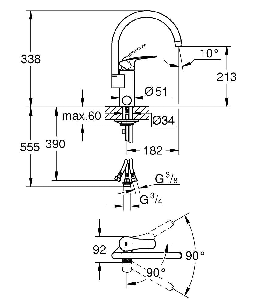 Grohe Eurosmart Keittiöhana kromi, 31786001, korkealla juoksuputkella, mittakuva