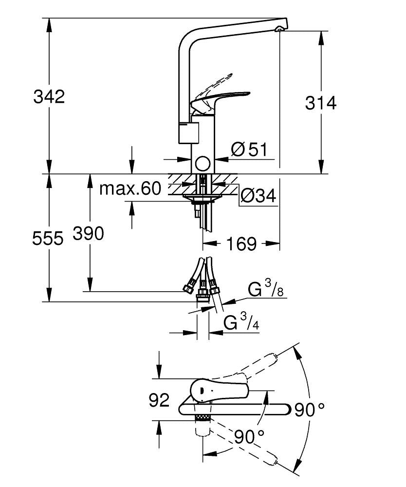 Grohe Eurosmart keittiöhana, 31787001, kromi, mittakuva