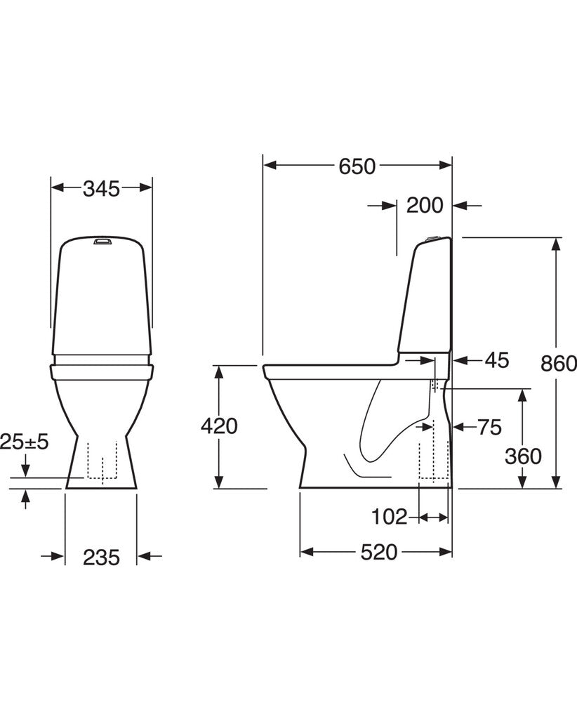 Gustavsberg Nautic 1500 WC-istuin, mittakuva