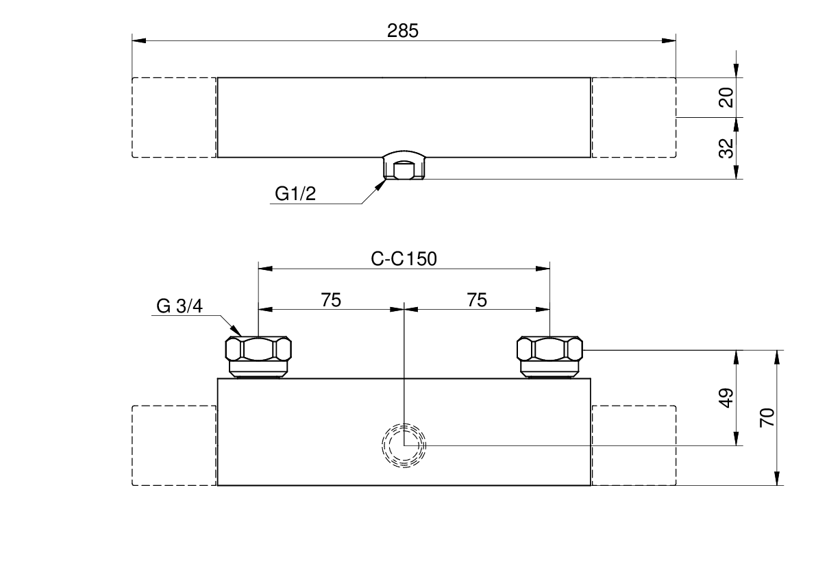 Gustavsberg suihkusekoitin New Nautic – termostaatti, mittakuva