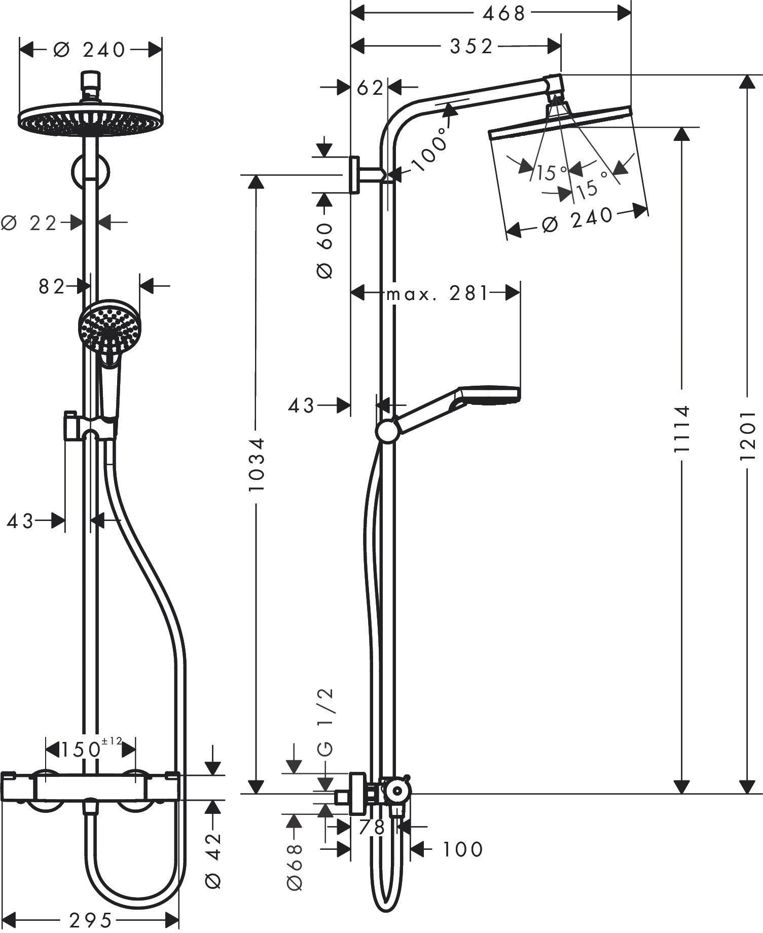 Hansgrohe Crometta S Showerpipe 240 1jet, suihkutermostaatti, 27937000, kromi, mittakuva