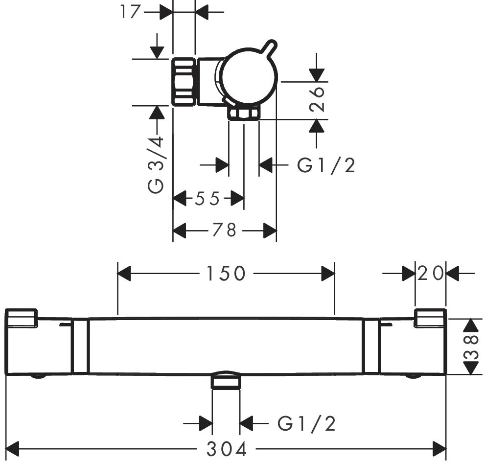 Hansgrohe Ecostat suihkutermostaatti Comfort Nordic, pinta-asennus, 13193000, kromi, mittakuva