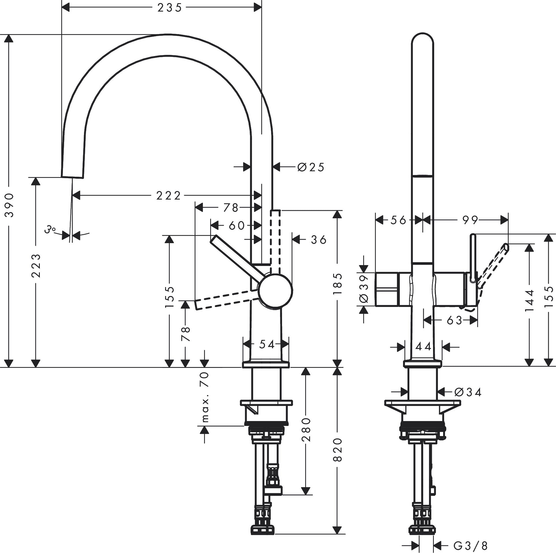 Hansgrohe Talis M54 yksiote keittiöhana 220 1jet, pesukoneventtiili, 72805000, kromi, mittakuva