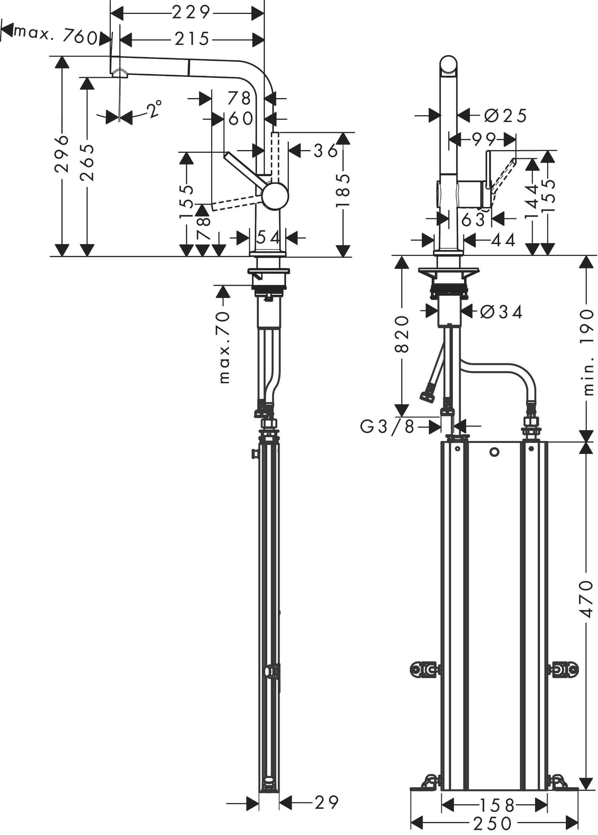 Hansgrohe Talis M54 yksiote keittiöhana 270 1jet, ulosvedettävä juoksuputki, Nordic sBox letkukotelo, 72849000, kromi, mittakuva