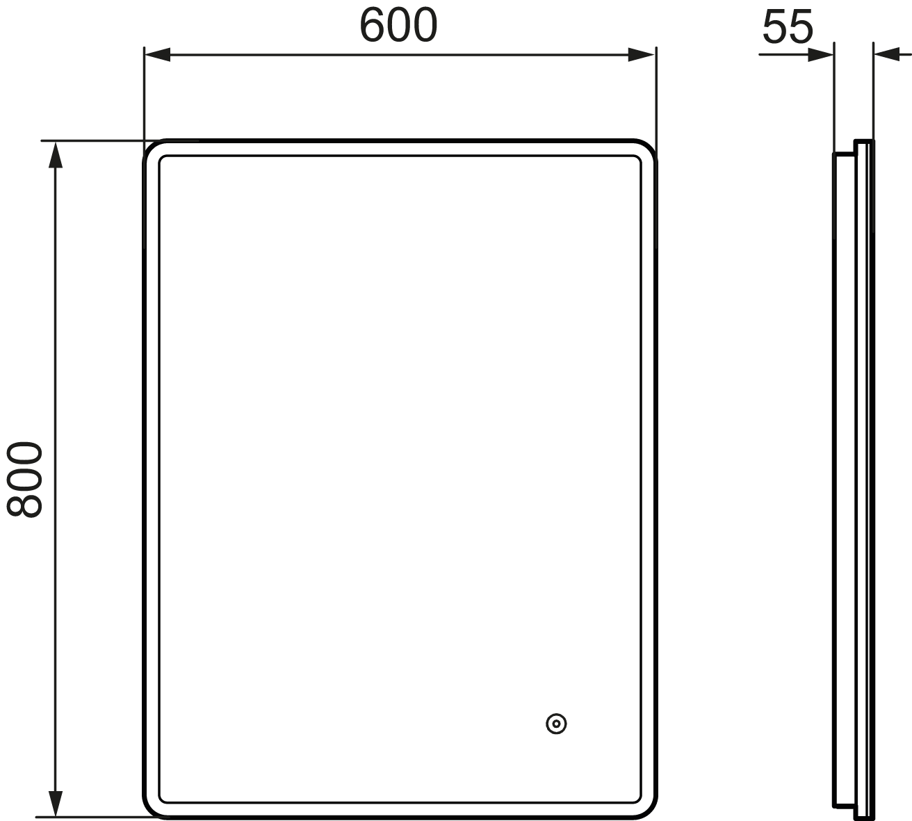 MORA CARA II, valopeili hipaisukytkimellä 600 x 800 mm, 953132, mittakuva