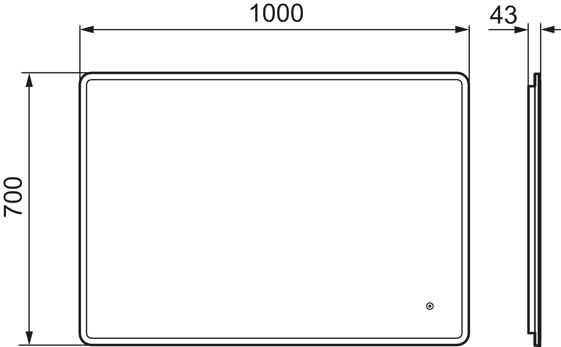 MORA CARA I, valopeili hipaisukytkimellä 1000 x 700 mm, 953109, mittakuva