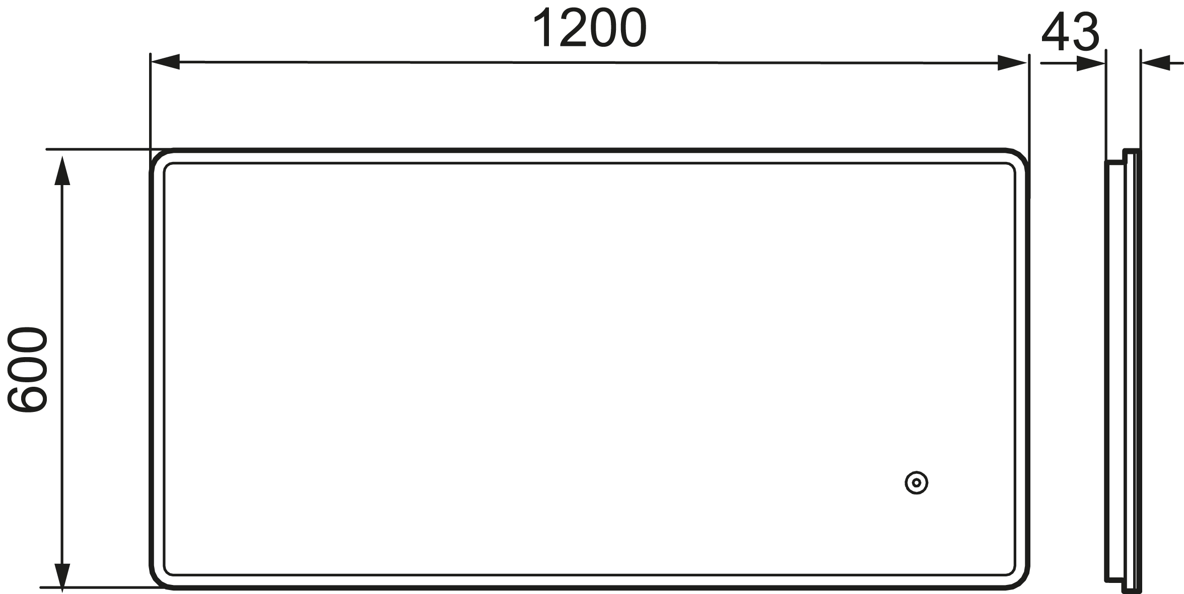 MORA CARA I, valopeili hipaisukytkimellä 1200 x 600 mm, 953113, mittakuva