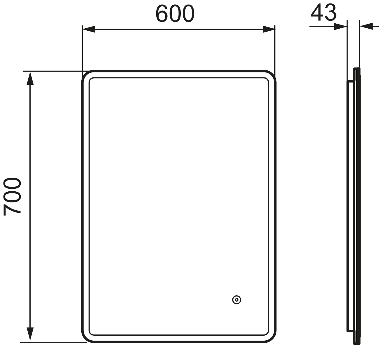 MORA CARA I, valopeili hipaisukytkimellä 600 x 700 mm, 953107, mittakuva