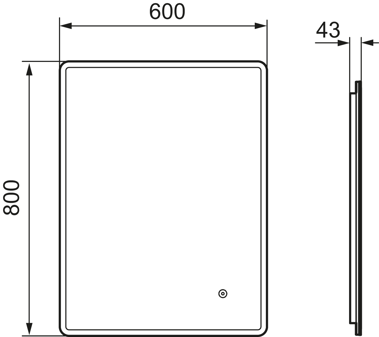MORA CARA I, valopeili hipaisukytkimellä 600 x 800 mm, 953111, mittakuva