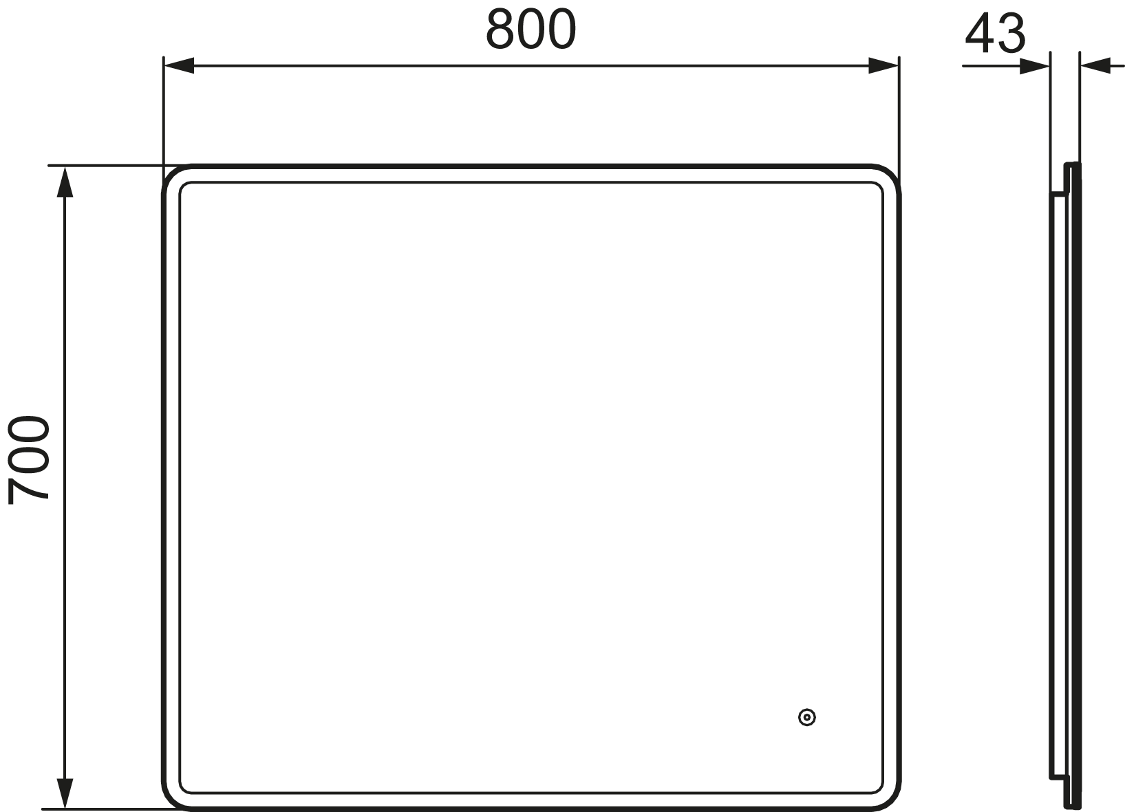 MORA CARA I, valopeili hipaisukytkimellä 800 x 700 mm, 953108, mittakuva