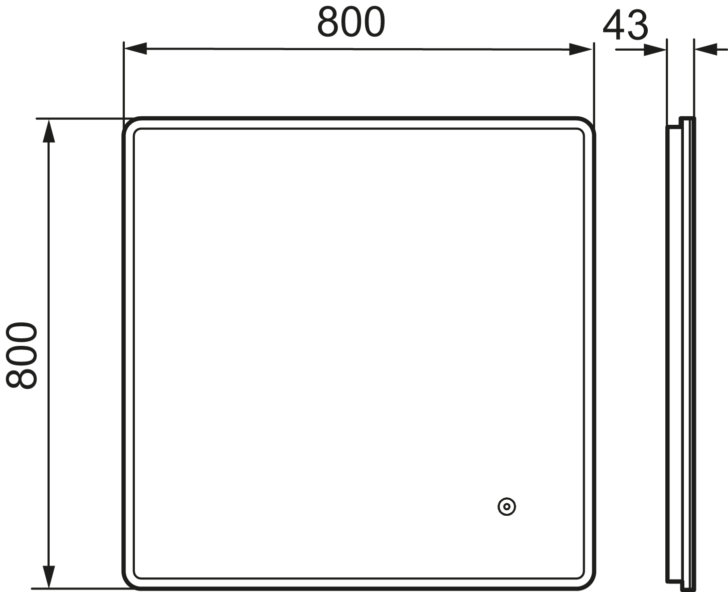 MORA CARA I, valopeili hipaisukytkimellä 800 x 800 mm, 953112, mittakuva
