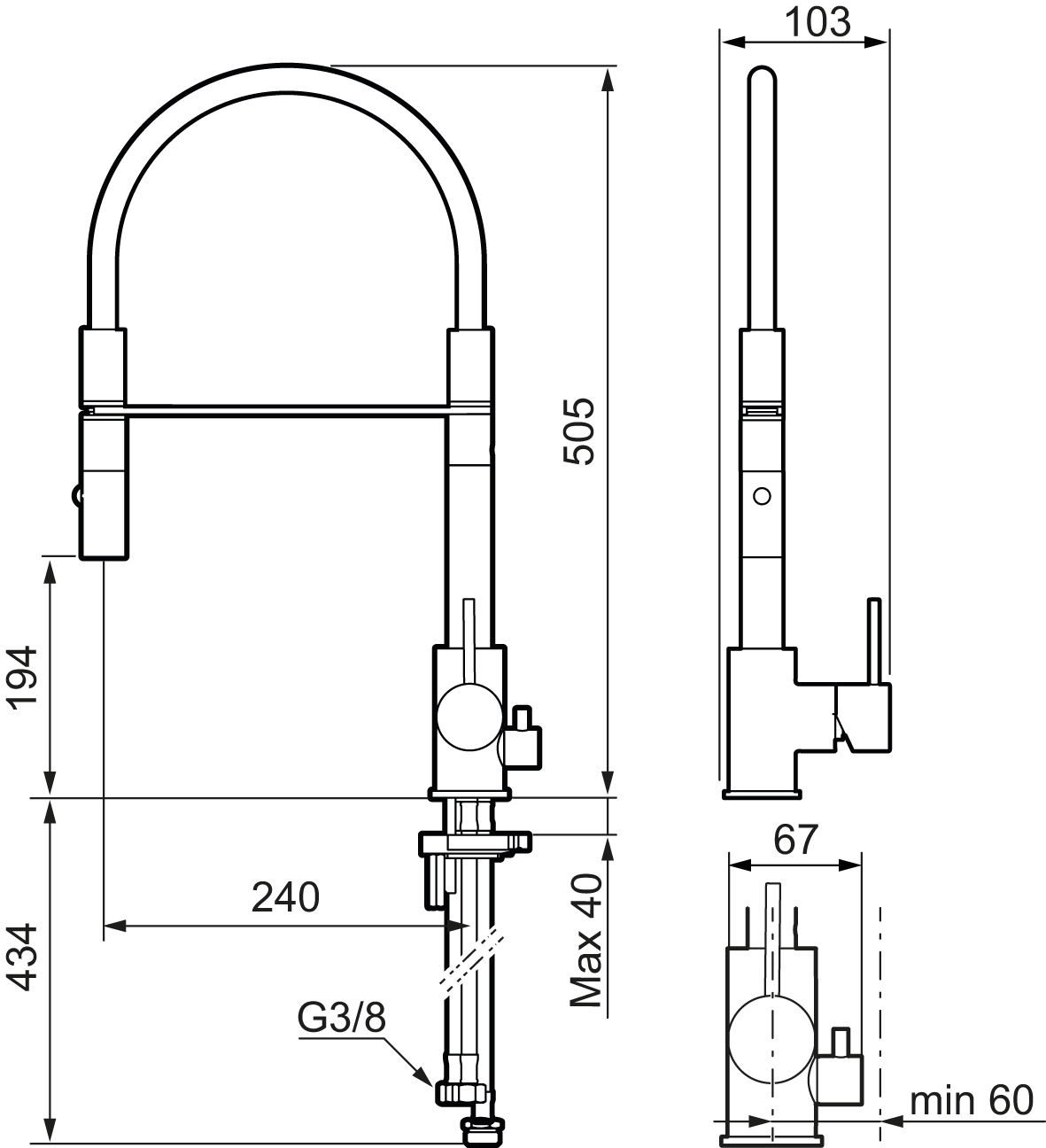 MORA INXX II miniprofi keittiöhana pk-venttiilein, 272091.12CA, mattamusta, mittakuva