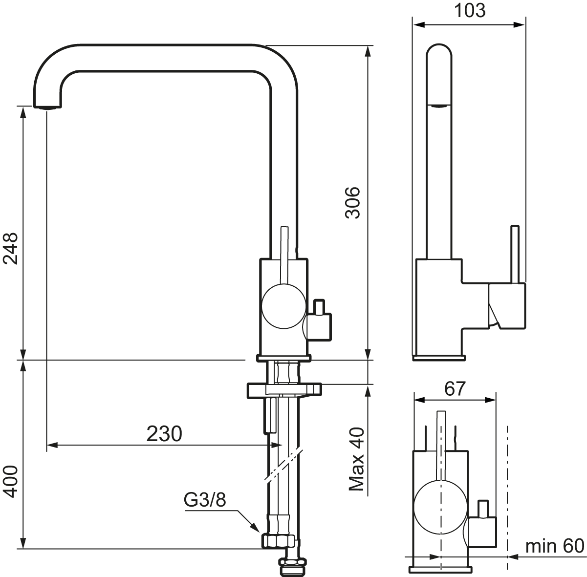 MORA INXX II sharp keittiöhana pk-venttiilein, 272071.CA, kromi, mittakuva