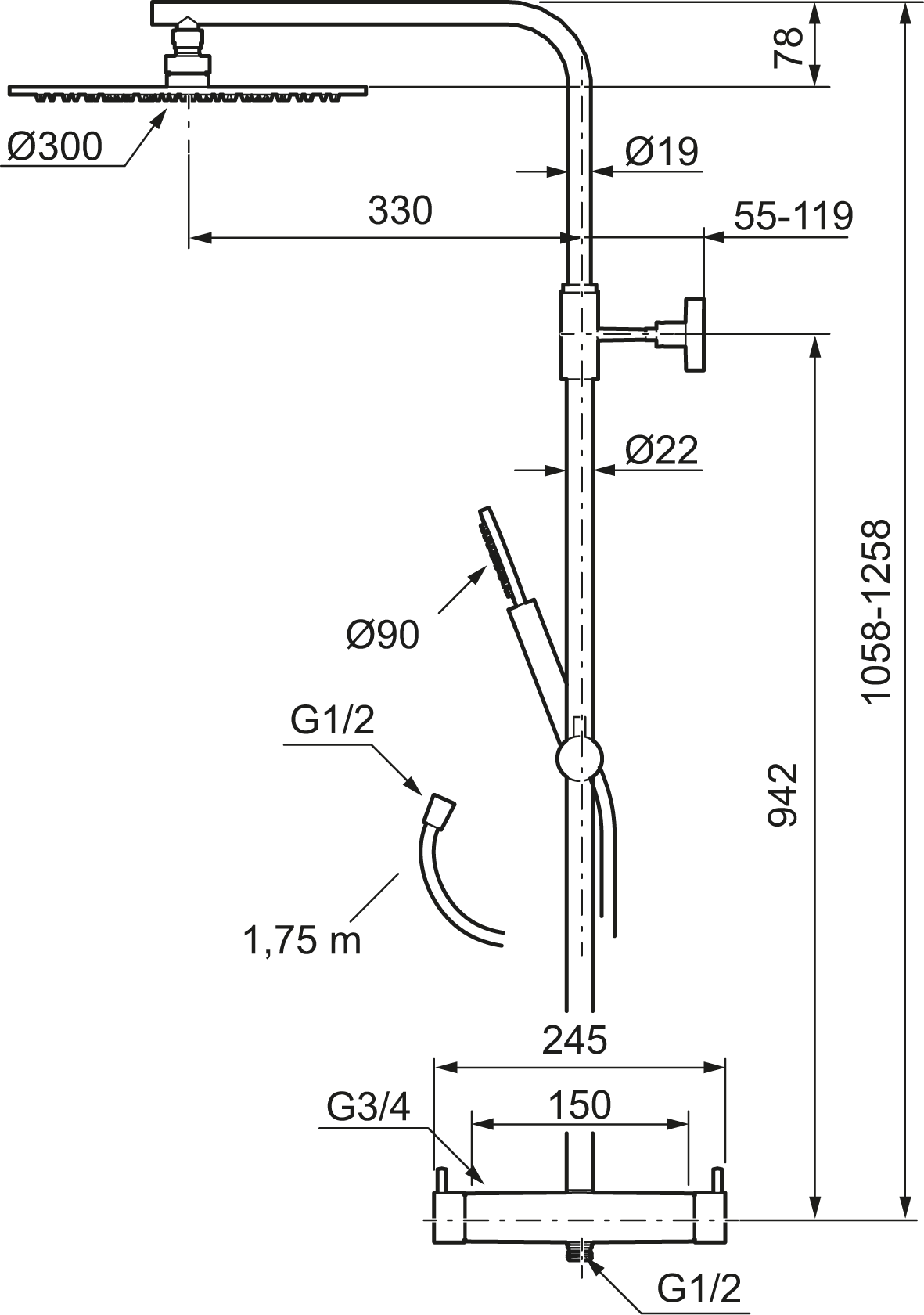 MORA INXX II shower system ylä- ja käsisuihkusetti, 271905.12, mattamusta, mittakuva