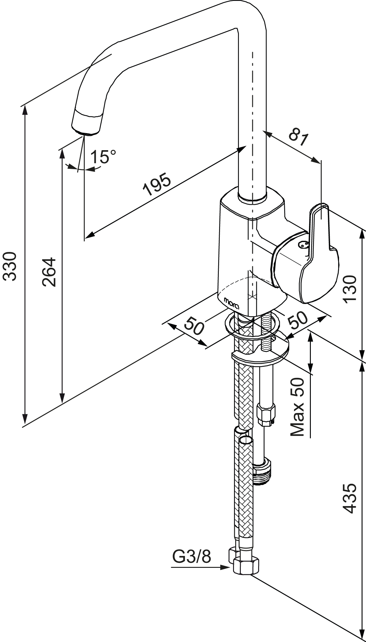 MORA LIONX keittiöhana pk-venttiilein, 392150.12, mattamusta, mittakuva